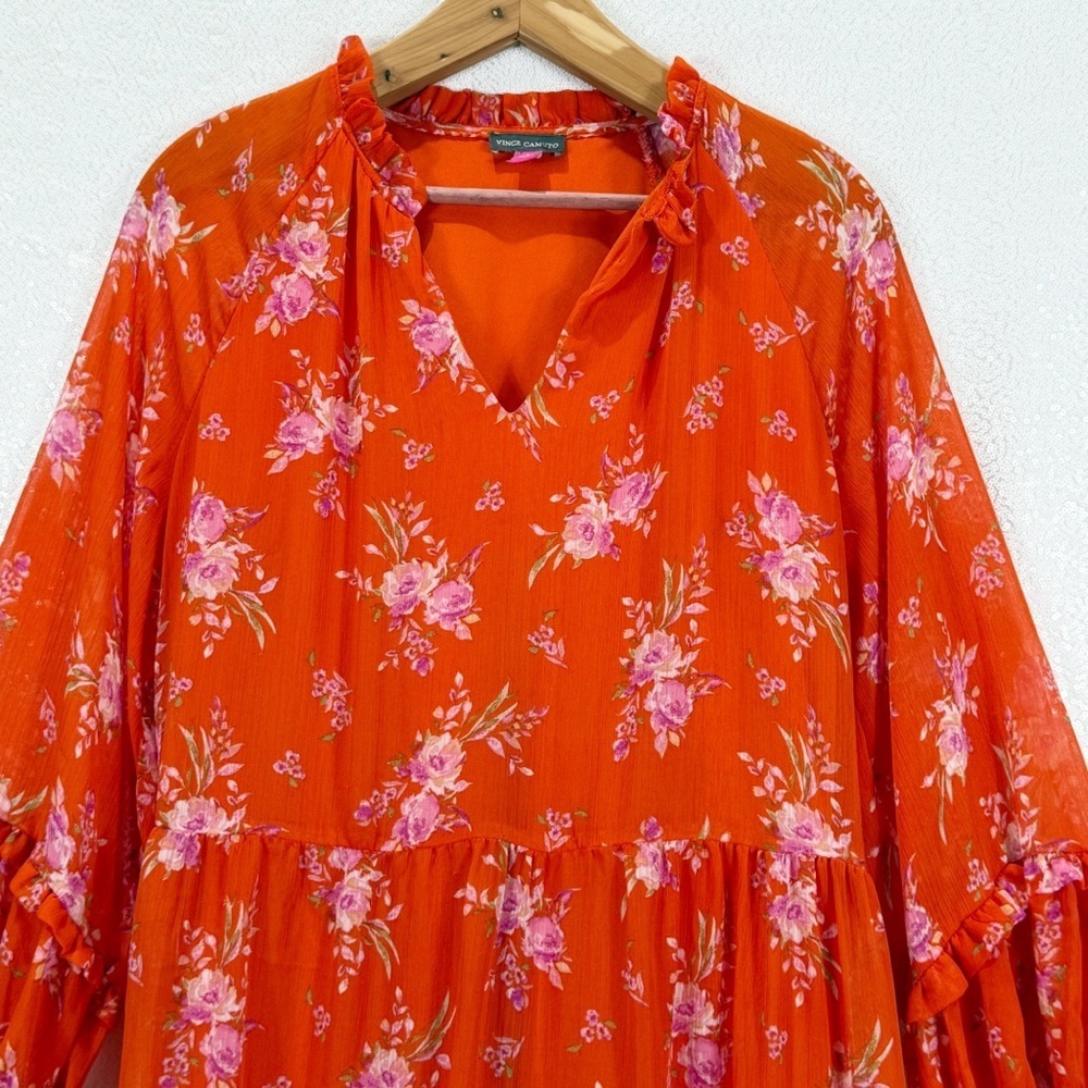 Floral Orange V-Neck Feminine Long Sleeve Midi Dress Wedding Guest Large - Picture 9 of 15